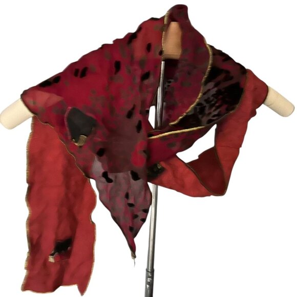 Art to Wear red burgundy Devore Burbout Velvet applique silk scarf - Picture 2 of 5